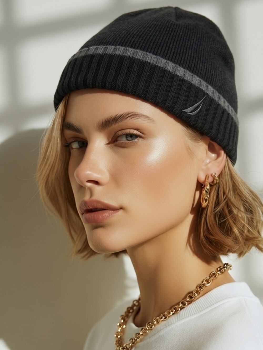Nautica Dark and Light Gray Reversible Beanie